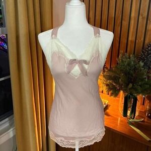Adore Me Pink Halter Lace Trim Camisole Top Open Back Tie Bow XS